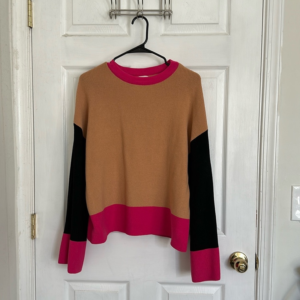 Ribbed Colorblock Sweater - camel/black/fuchsia